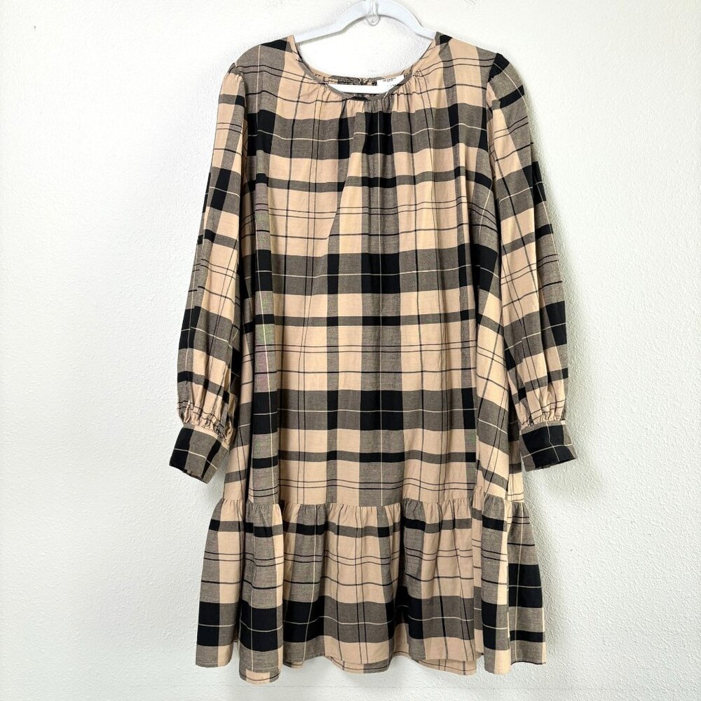 Ava & Viv Prairie‎ Dress Size 1X Tan Black Plaid Long Sleeve Ruffle Mini Pockets